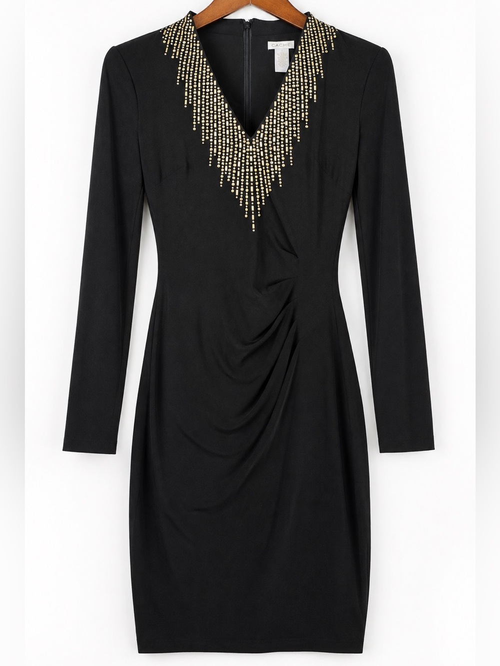 Cache Black Rhinestone Cold Shoulder Ruched Bodycon Dress 0